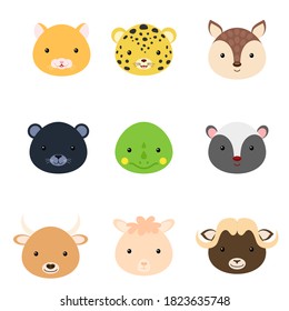 Cute funny animal heads. Wild cartoon animal characters for baby print design, kids wear, baby shower celebration, greeting and invitation card, wall decor. Flat vector stock illustration
