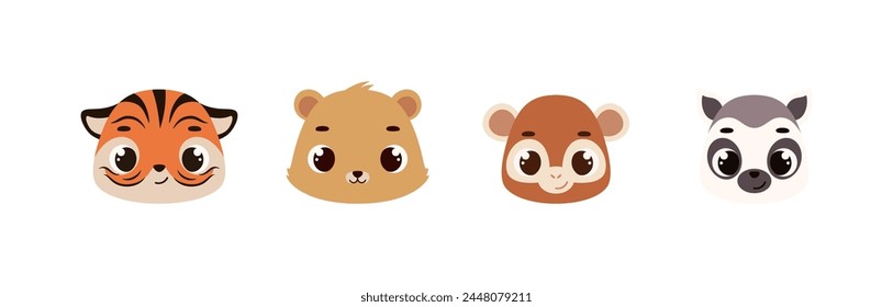 Cute funny animal heads. Wild cartoon animal characters for baby print design, baby shower celebration, greeting and invitation card. Flat vector stock illustration