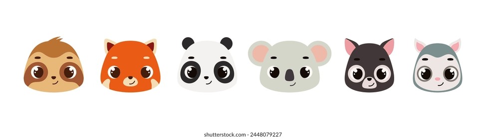 Cute funny animal heads. Wild cartoon animal characters for baby print design, baby shower celebration, greeting and invitation card. Flat vector stock illustration