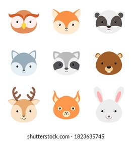 Cute funny animal heads. Woodland cartoon animal characters for baby print design, kids wear, baby shower celebration, greeting and invitation card, wall decor. Flat vector stock illustration