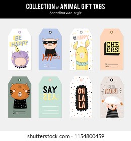 Cute and funny animal labels set. Isolated. Color background. Vector. Good for posters, stickers, tags, cards and nursery decor. Scandinavian kids collection