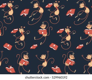 Cute funny animal pattern with monkey and books with dark background
