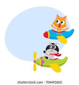 Cute funny animal pilot characters flying on airplane - cat and raccoon, cartoon vector illustration with space for text. Little baby cat and raccoon characters flying on airplane