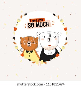 Cute and funny animal poster. Love you. Color background. Vector. Good for posters, stickers, cards and nursery decor. Scandinavian kids collection