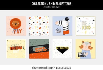 Cute and funny animal poster set. Isolated. Color background. Vector. Good for posters, stickers, cards and nursery decor. Scandinavian kids collection