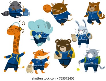 Cute funny animal students set, back to school concept, pupil animals in school uniform vector Illustrations