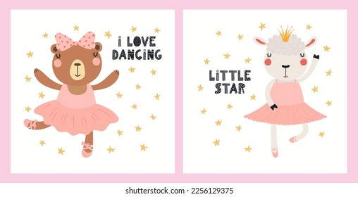 Animales graciosos, osos, ovejas, bailarinas, bailarinas de ballet. Carteles, colección de tarjetas. Ilustración vectorial dibujada a mano. Diseño plano de estilo escandinavo. Concepto de moda infantil, impresión textil.