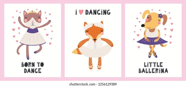 Animales graciosos, gatos, zorros, perros, bailarinas, bailarinas de ballet. Carteles, colección de tarjetas. Ilustración vectorial dibujada a mano. Diseño plano de estilo escandinavo. Concepto de moda infantil, impresión textil.