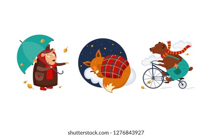 Cute funny animals characters in different actions, old sheep in a coat with an umbrella, fox cub sleeping on a cloud under a blanket, bear riding a bicycle vector Illustration