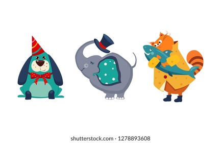 Cute funny animals characters in different actions, dog in party hat, elephant holding top hat with a trunk, cat with a big fish caught vector Illustration