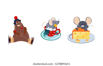 Cute funny animals characters in different actions, bear skating, mouse bathing in the cup, mouse eating a big piece of cheese vector Illustration