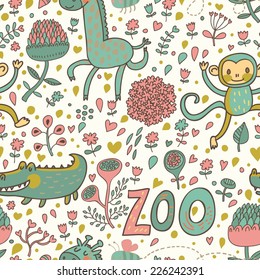 Cute funny animals: crocodile, monkey, giraffe in flowers. Childish cartoon seamless pattern in vector. Ideal for childish designs. Zoo cute texture