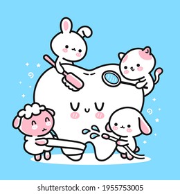 Cute funny animals dentists cleaning patient tooth. Vector hand drawn cartoon kawaii character illustration icon. Puppy dog, kittie cat,lamb,rabbit clean teeth kids concept