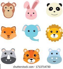 Cute Funny Animals Faces Vector Illustration