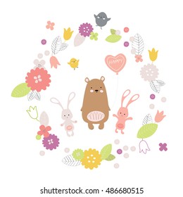 Cute Funny Animals and Flowers Set Isolated on White background in Vector. Good for posters, stickers, cards, notebooks and other kids games and accessories. Bunny, bear, birds, flowers