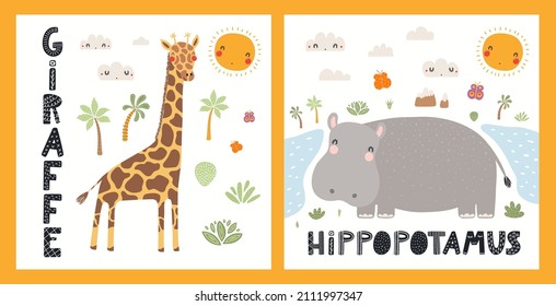 Cute funny animals, giraffe, hippo, tropical landscape. Posters, cards collection. Hand drawn wild animal vector illustration. Scandinavian style flat design. Concept for kids fashion, textile print.