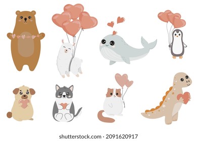 Cute funny animals with hearts in boho style. Happy Valentines day. Isolated objects on white background.