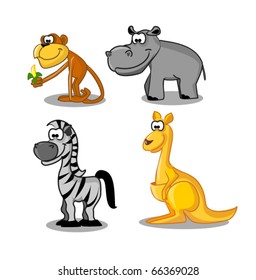 cute Funny animals hippo, monkey, zebra, kangaroo