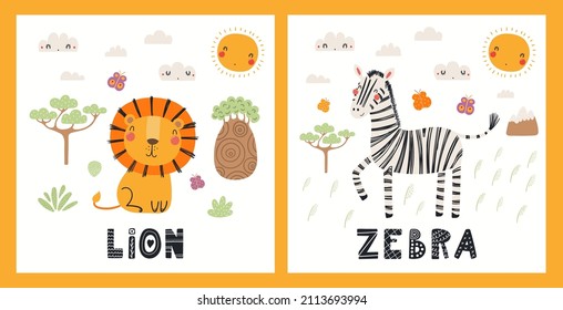 Cute funny animals, lion, zebra, tropical landscape. Posters, cards collection. Hand drawn wild animal vector illustration. Scandinavian style flat design. Concept for kids fashion, textile print.