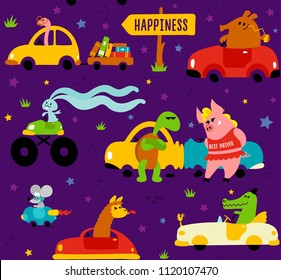 Cute funny animals llama, crocodile, bookworm, rabbit, mouse, turtle and pig driving colorful cars to the happiness on violet background