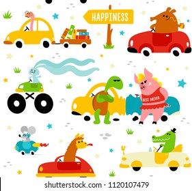 Cute funny animals llama, crocodile, bookworm, rabbit, mouse, turtle and pig driving colorful cars to the happiness on white background
