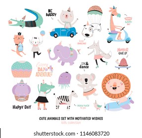 Cute Funny Animals and Motivated Wishes Set. Isolated. White background. Vector. Good for posters, stickers, cards, alphabet and nursery decor. Scandinavian kids collection