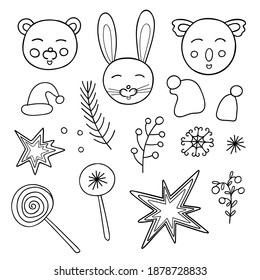 Cute funny animals outline vector illustration in doodle style set, christmas simple hand drawn characters for winter holiday design, greeting cards, banners, fabric