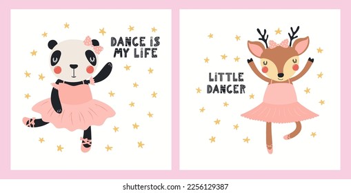 Cute funny animals, panda, deer, ballerina girls, ballet dancers. Posters, cards collection. Hand drawn vector illustration. Scandinavian style flat design. Concept for kids fashion, textile print.