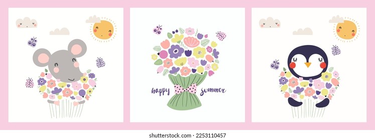 Animales graciosos, pingüino, ratón, sosteniendo ramos de flores. Carteles, colección de tarjetas. Ilustración vectorial dibujada a mano. Diseño plano de estilo escandinavo. La primavera conceptual, los niños de verano imprimen la moda.