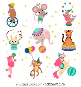 Cute Funny Animals Performing in Circus Show Set Vector Illustration