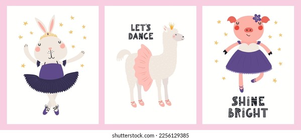Cute funny animals, rabbit, llama, pig, ballerina girls, ballet dancers. Posters, cards collection. Hand drawn vector illustration. Scandinavian style flat design. Concept kids fashion, textile print.
