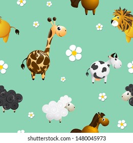 Cute funny animals seamless pattern or background. Joyful drawing for kids. Giraffa, cow, lion, sheep and horse characters. Chamomile flowers. Friendly and playful cartoon. Eps10 vector illustration.