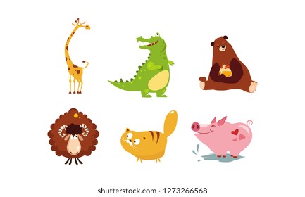 Cute funny animals set, giraffe, crocodile, bear, sheep, cat, pig vector Illustration