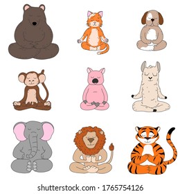 Cute funny animals sitting and meditating in lotus pose vector illustration