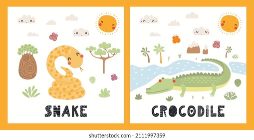 Cute funny animals, snake, crocodile, tropical landscape. Posters, cards collection. Hand drawn wild animal vector illustration. Scandinavian style flat design. Concept for kids fashion, textile print