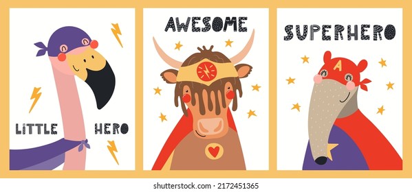 Cute funny animals superheroes, anteater, flamingo, yak, quotes. Posters, cards collection. Hand drawn animal vector illustration. Scandinavian style flat design. Concept kids fashion, textile print.