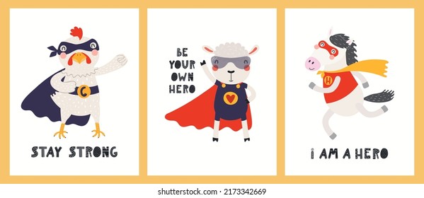 Cute funny animals superheroes, chicken, sheep, horse, quotes. Posters, cards collection. Hand drawn animal vector illustration. Scandinavian style flat design. Concept for kids fashion, textile print