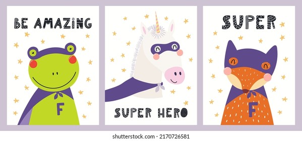 Pequeños y divertidos superhéroes, zorro, rana, unicornio, citas. Carteles, colección de tarjetas. Ilustración del vector animal dibujado a mano. Diseño plano de estilo escandinavo. Concepto de moda infantil, impresión textil.