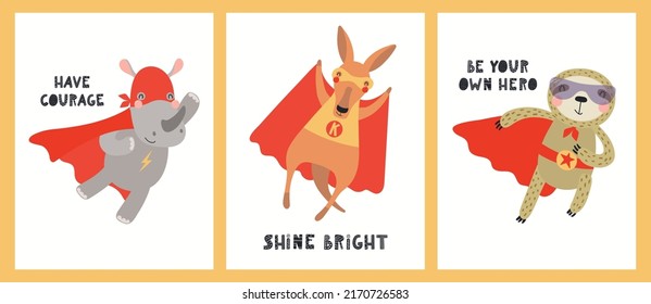 Cute funny animals superheroes, kangaroo, sloth, rhino, quotes. Posters, cards collection. Hand drawn animal vector illustration. Scandinavian style flat design. Concept kids fashion, textile print.