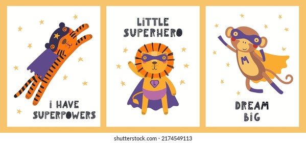 Pequeños y divertidos superhéroes, león, tigre, mono, citas. Carteles, colección de tarjetas. Ilustración del vector animal dibujado a mano. Diseño plano de estilo escandinavo. Concepto de moda infantil, impresión textil.