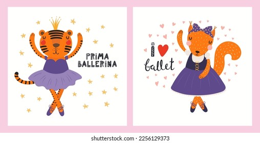 Cute funny animals, tiger, squirrel, ballerina girls, ballet dancers. Posters, cards collection. Hand drawn vector illustration. Scandinavian style flat design. Concept for kids fashion, textile print