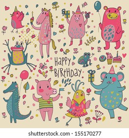 Cute funny animals in vector. Childish Birthday invitation card. Birds, horse, pig, bear, frog, crocodile and elephant in nice set