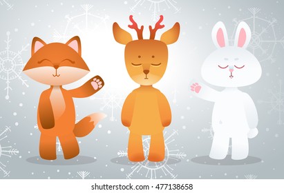 Cute Funny Animals, winter Christmas background. Cat, Deer, Rabbit. Hand drawn elements, Vector illustration, Icon Set.