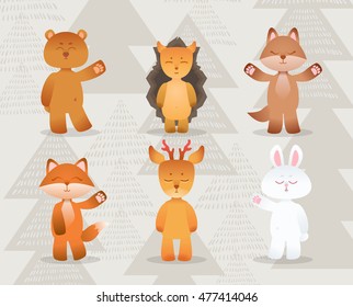 Cute Funny Animals, winter Christmas background. Fox, Deer, Rabbit, Bear, Wolf, Hedgehog. Hand drawn elements, Vector illustration, Icon Set.