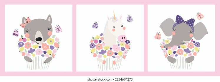 Cute funny animals, wolf, unicorn, elephant, holding flower bouquets. Posters, cards collection. Hand drawn vector illustration. Scandinavian style flat design. Concept spring, summer kids print.