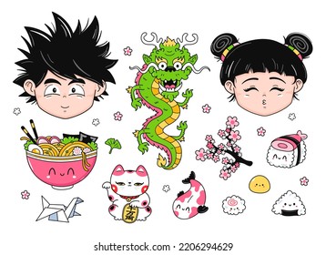 Bonito conjunto de estilo Anime Japan. Caricatura dibujada a mano del vector icono de ilustración del personaje kawaii. Animación japonesa, manga boy, girl, dragon, sushi, caricatura de ramen kawaii concepto de colección