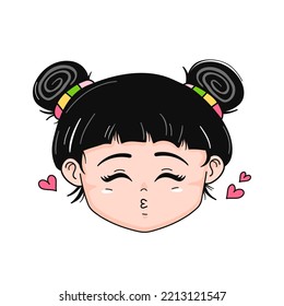 Cute funny Anime Japan style girl face. Vector hand drawn cartoon kawaii character illustration logo icon. Cute Japan anime,manga girl,lady kiss cartoon kawaii concept