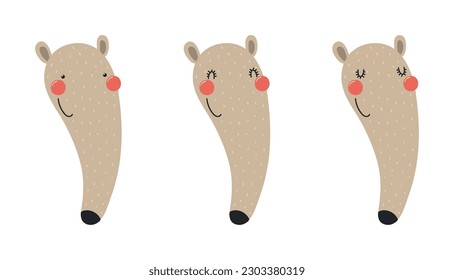 Cute funny anteater faces illustrations set. Hand drawn cartoon character. Scandinavian style flat design, isolated vector. Kids print element, poster, card, wildlife, nature, baby animals