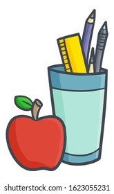 Cute and funny apple beside glass filled with ruler, pen, and pencils