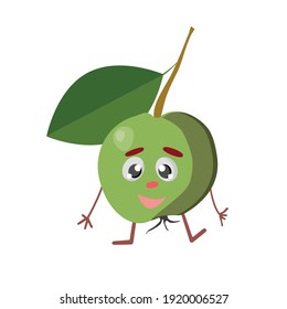 Cute and funny apple character in comic style looking up, cartoon vector illustration isolated on white background. Red and ripe strawberry character, big eyes mascot